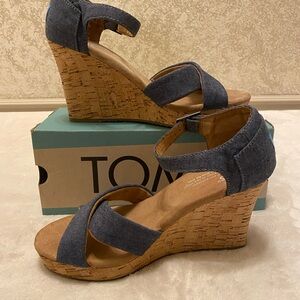 TOMS Blue Denim Cork Wedges